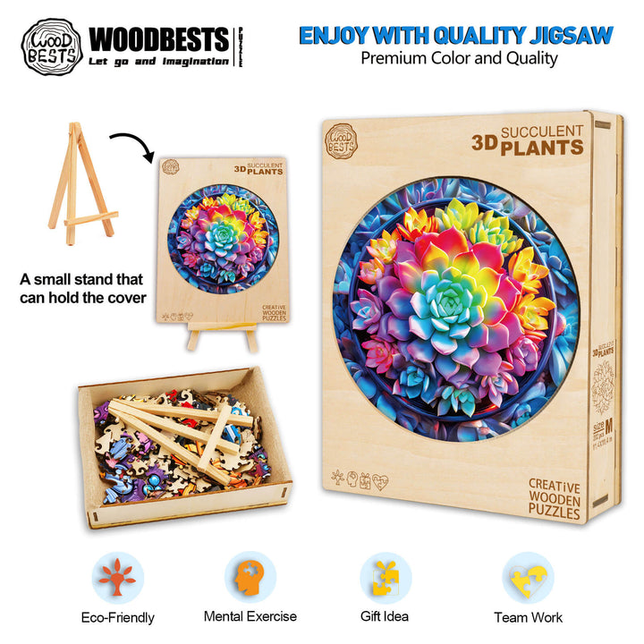 3D Succulent Plants Wooden Jigsaw Puzzle with vibrant colors, eco-friendly materials, and a stand for display.