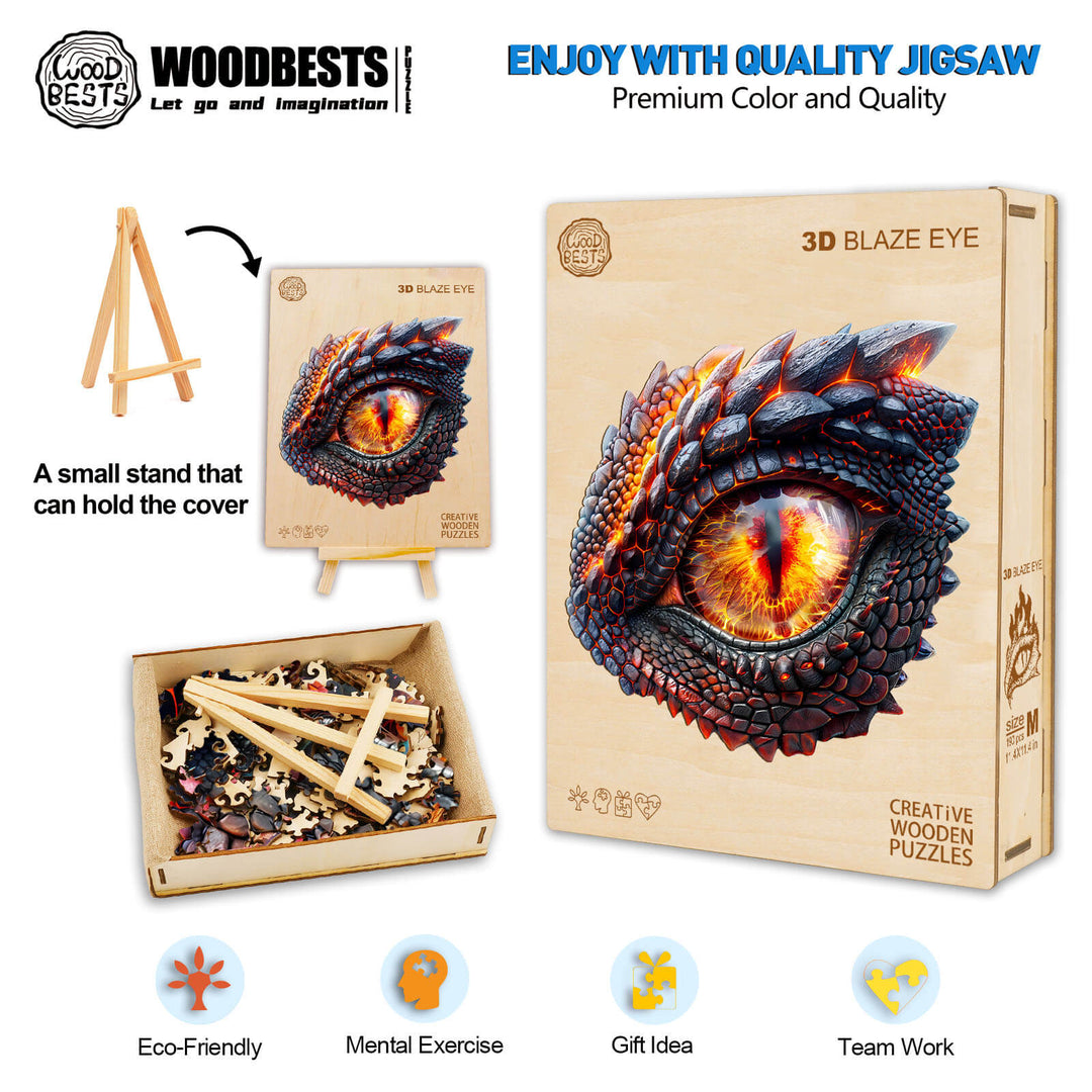 3D Blaze Eye wooden jigsaw puzzle with vibrant dragon eye design, eco-friendly, perfect for mental exercise and teamwork.
