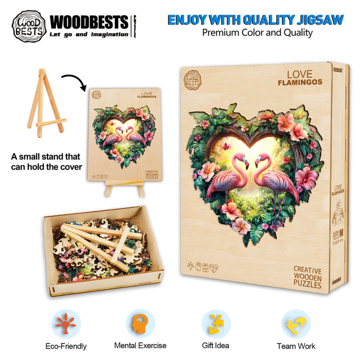 Love Flamingos wooden jigsaw puzzle with heart design, eco-friendly, perfect for mental exercise and gifting.