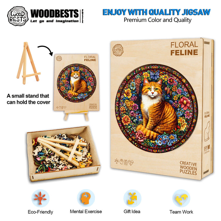 Floral Feline Wooden Jigsaw Puzzle with a colorful cat design, eco-friendly materials, ideal for mental exercise and teamwork.