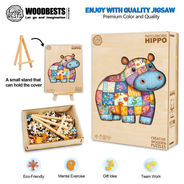 Colorful Patchwork Hippo wooden jigsaw puzzle for mental exercise, eco-friendly, ideal for teamwork and gifts.