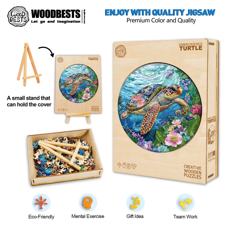 Embroidered Turtle Wooden Jigsaw Puzzle, eco-friendly, promotes mental exercise, perfect gift idea, encourages teamwork.