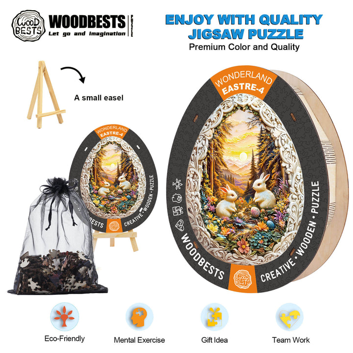 Wonderland Easter-4 wooden jigsaw puzzle with eco-friendly packaging, small easel, and colorful design for mind games.