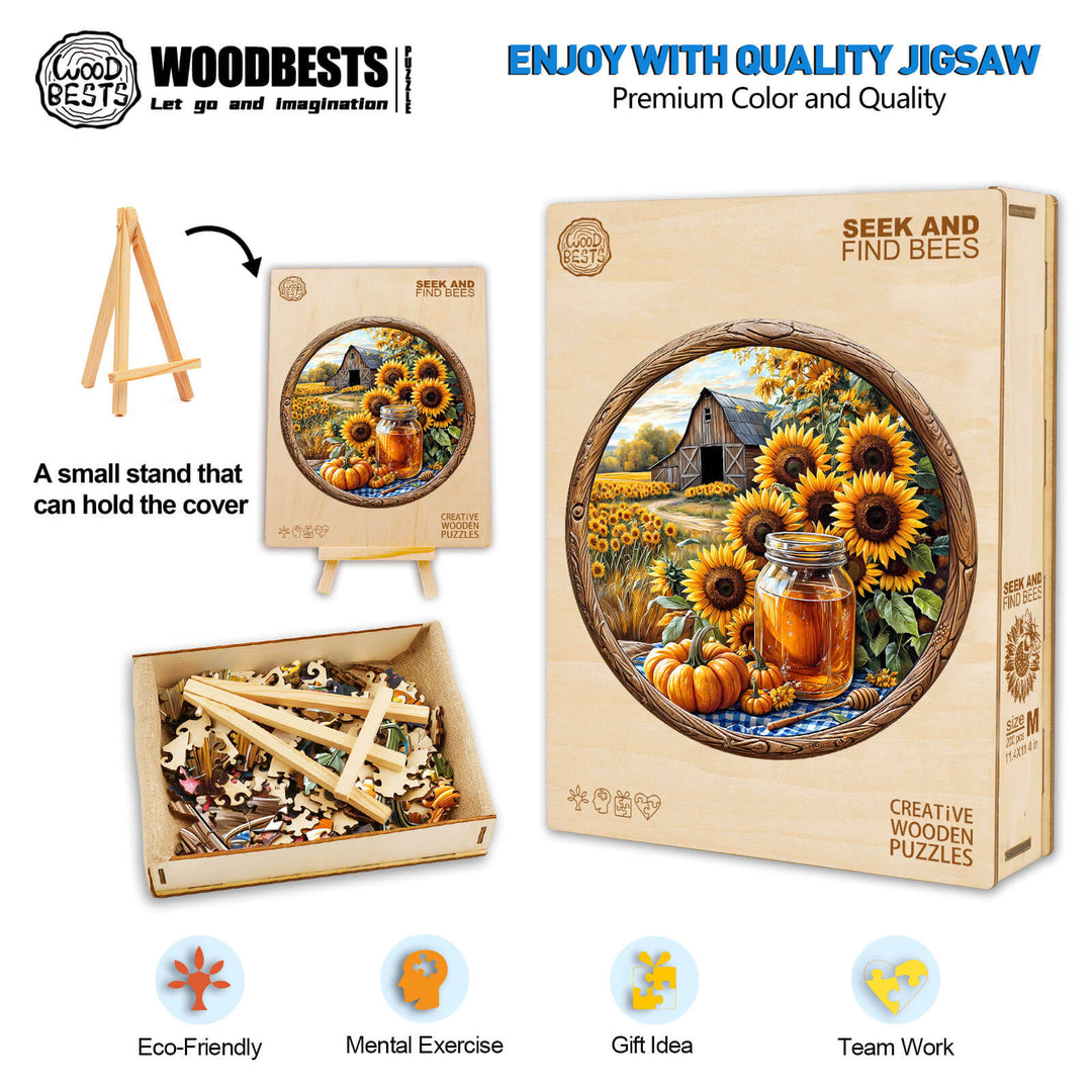 SEEK AND FIND BEES Wooden Jigsaw Puzzle with vibrant colors, eco-friendly pieces, and mental exercise benefits.