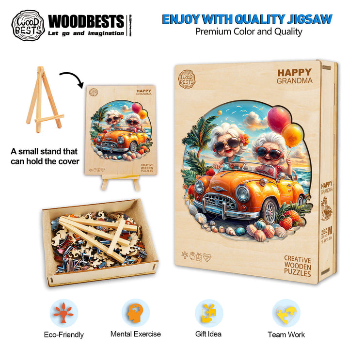 Happy Grandma Wooden Jigsaw Puzzle with vibrant colors, featuring fun design for mental exercise and teamwork.