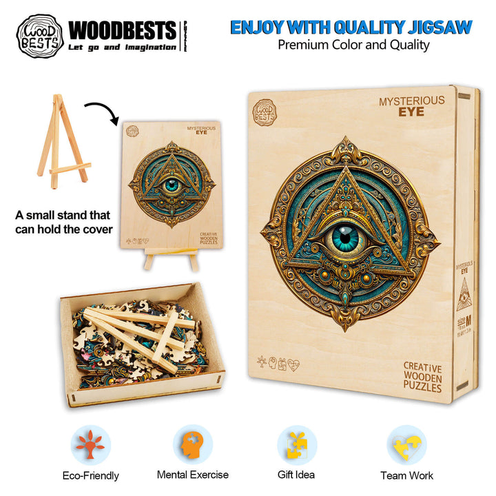 Mysterious Eye Wooden Jigsaw Puzzle box with pieces, perfect for mental exercise and eco-friendly fun. Ideal gift for puzzle lovers.