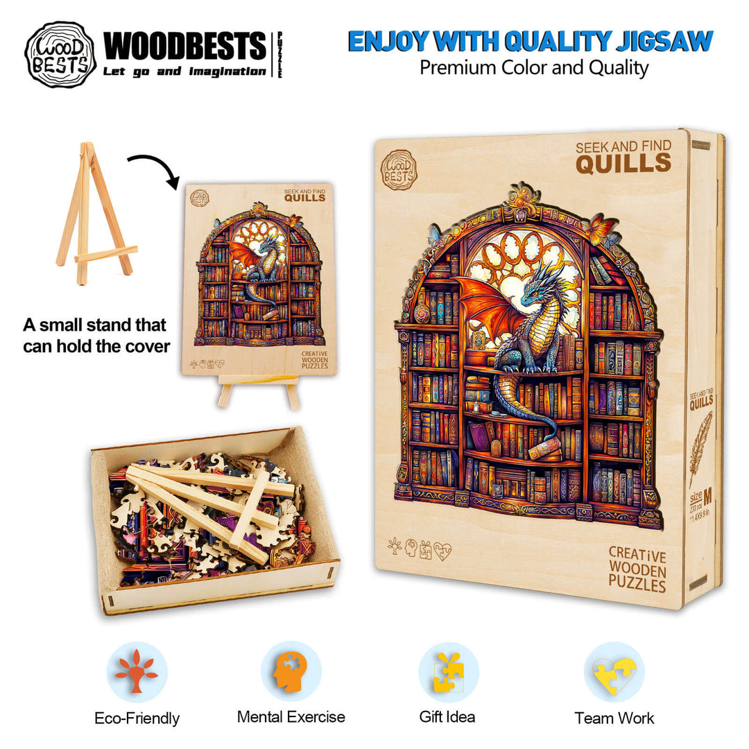 SEEK AND FIND QUILLS wooden jigsaw puzzle featuring a vibrant dragon design with colorful bookcase backdrop.