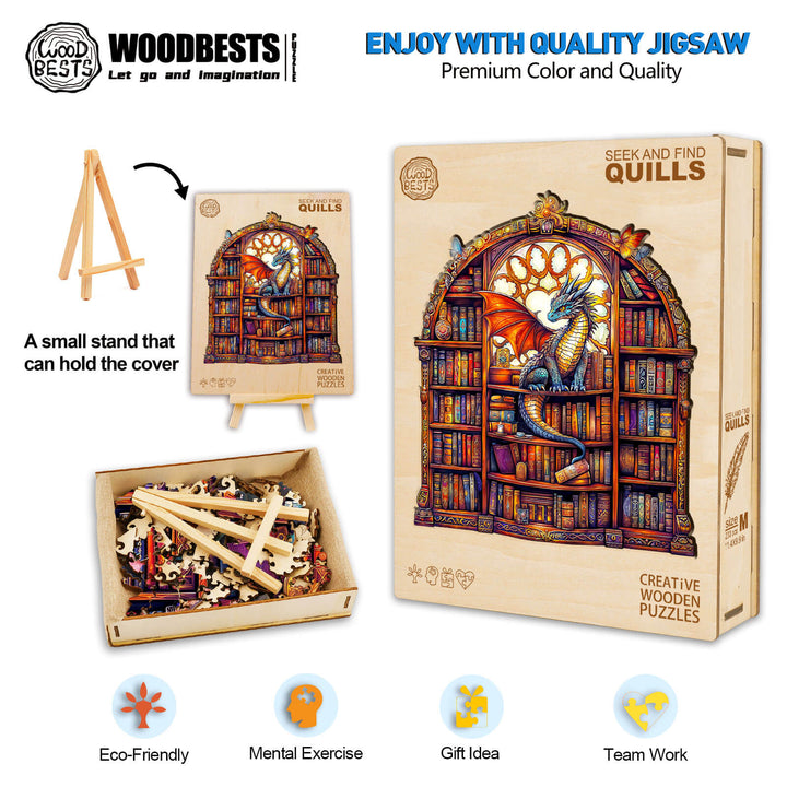 SEEK AND FIND QUILLS wooden jigsaw puzzle featuring a vibrant dragon design with colorful bookcase backdrop.