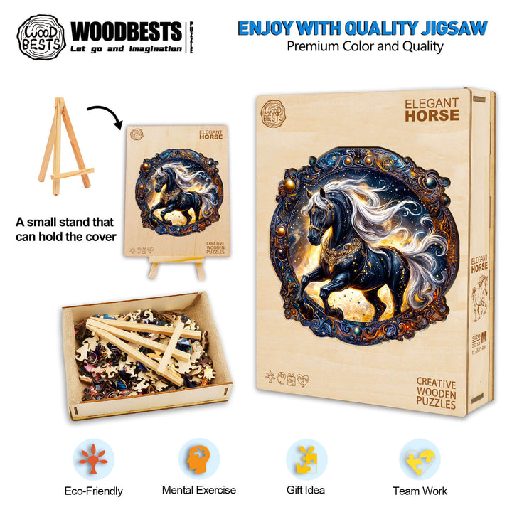 Elegant Horse wooden jigsaw puzzle box with pieces, promotes focus, teamwork, and mental exercise in a creative design.