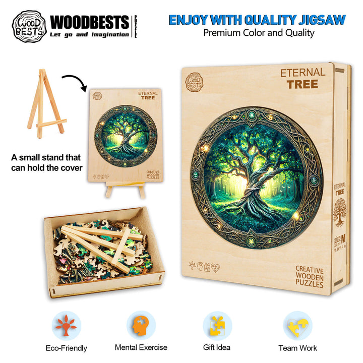 Eternal Tree wooden jigsaw puzzle featuring eco-friendly materials, spark creativity and offer mental exercise in a vibrant design.