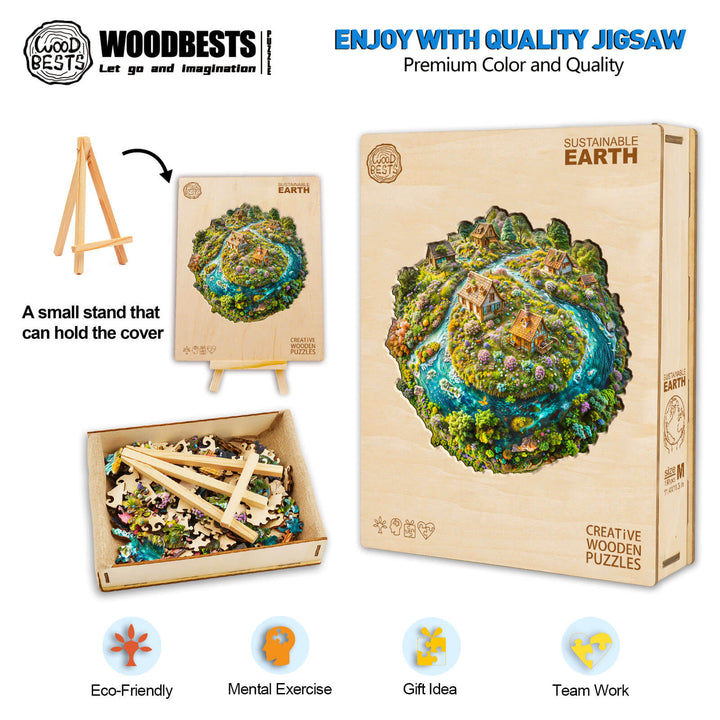 Sustainable Earth wooden jigsaw puzzle with vibrant colors, eco-friendly design, and mental exercise for puzzle lovers.