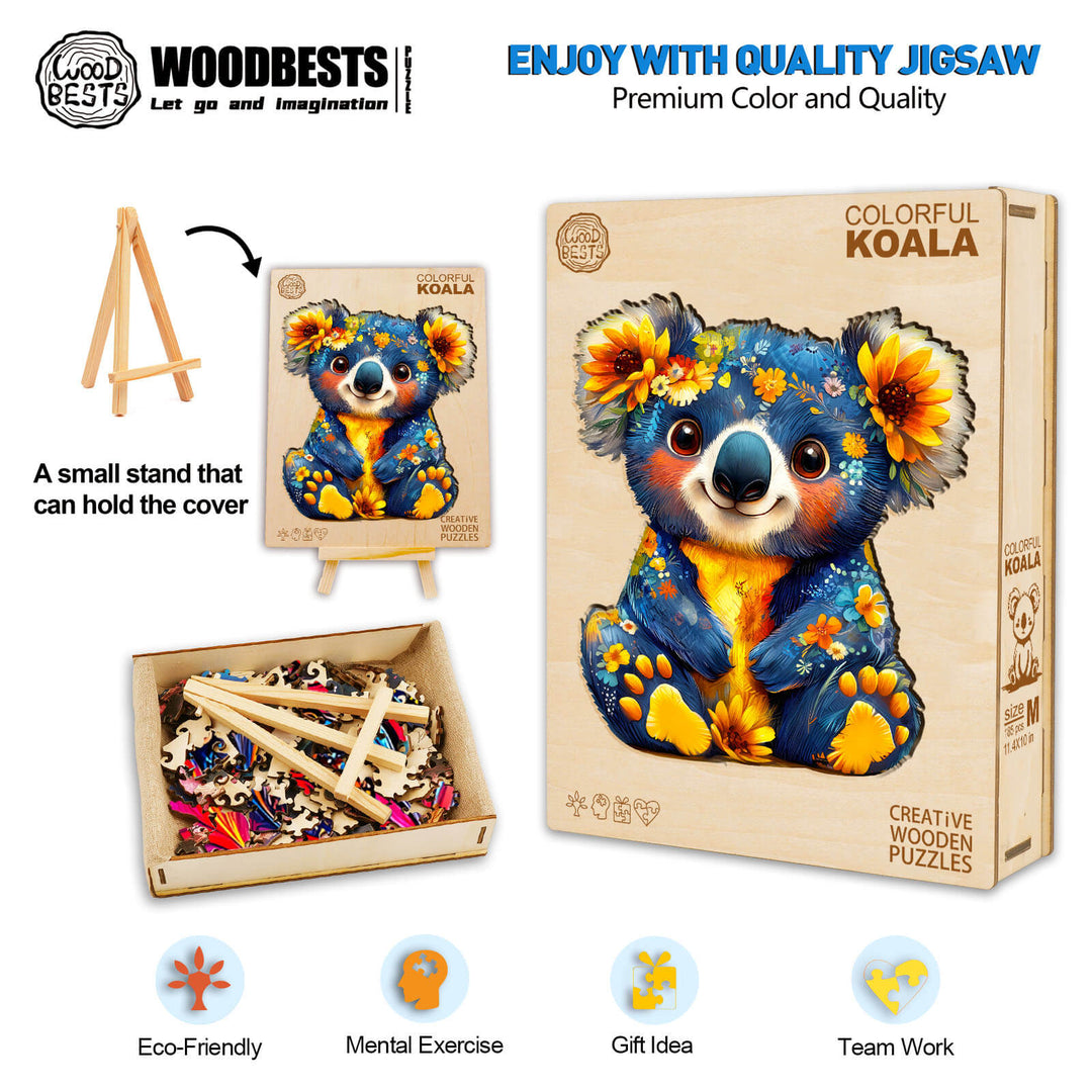 Colorful Koala wooden jigsaw puzzle with vibrant design, ideal for mental exercise and teamwork, eco-friendly product.