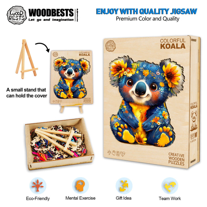 Colorful Koala wooden jigsaw puzzle with vibrant design, ideal for mental exercise and teamwork, eco-friendly product.