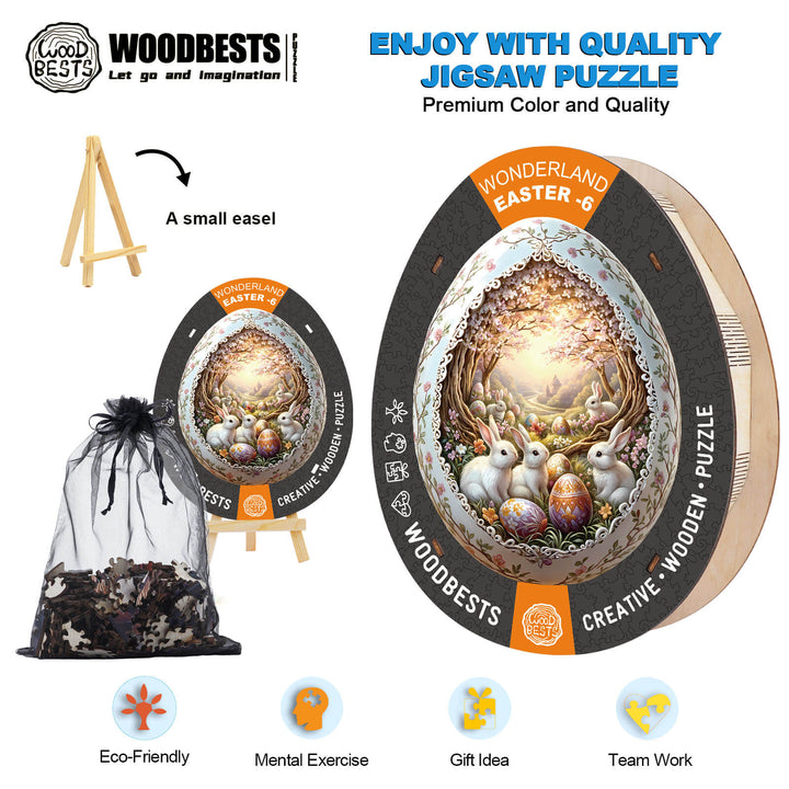 Wonderland Easter-6 Wooden Jigsaw Puzzle with a small easel, eco-friendly materials, perfect for mental exercise and teamwork.
