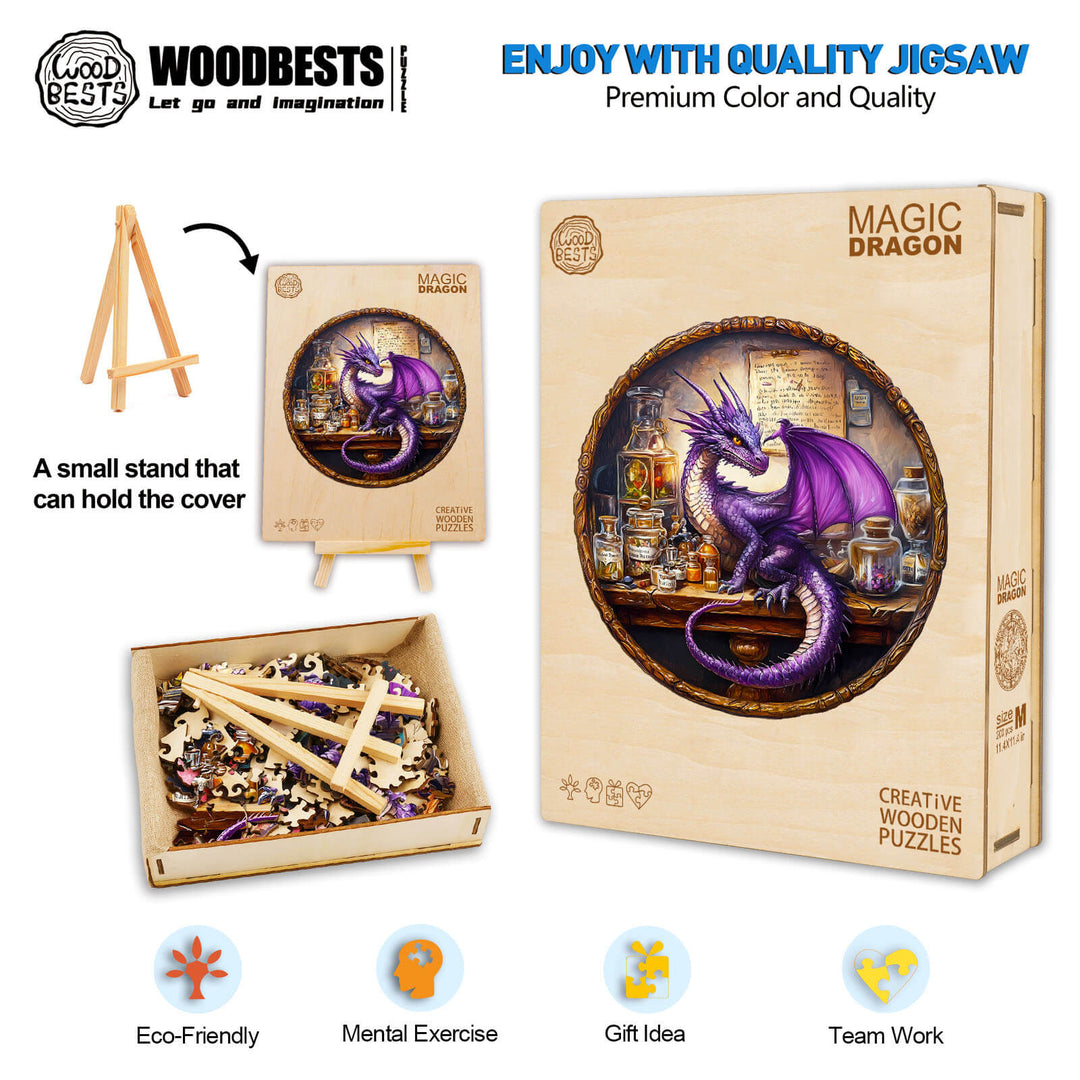 Purple Dragon Wooden Jigsaw Puzzle by Woodbest, featuring a vibrant design with magical potion bottles and scrolls.