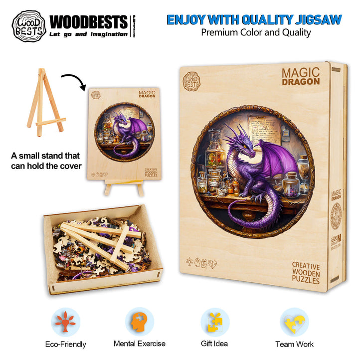Purple Dragon Wooden Jigsaw Puzzle by Woodbest, featuring a vibrant design with magical potion bottles and scrolls.