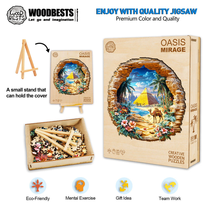 Oasis Mirage Wooden Jigsaw Puzzle with vibrant artwork, eco-friendly materials, and pieces for mental exercise and team work.