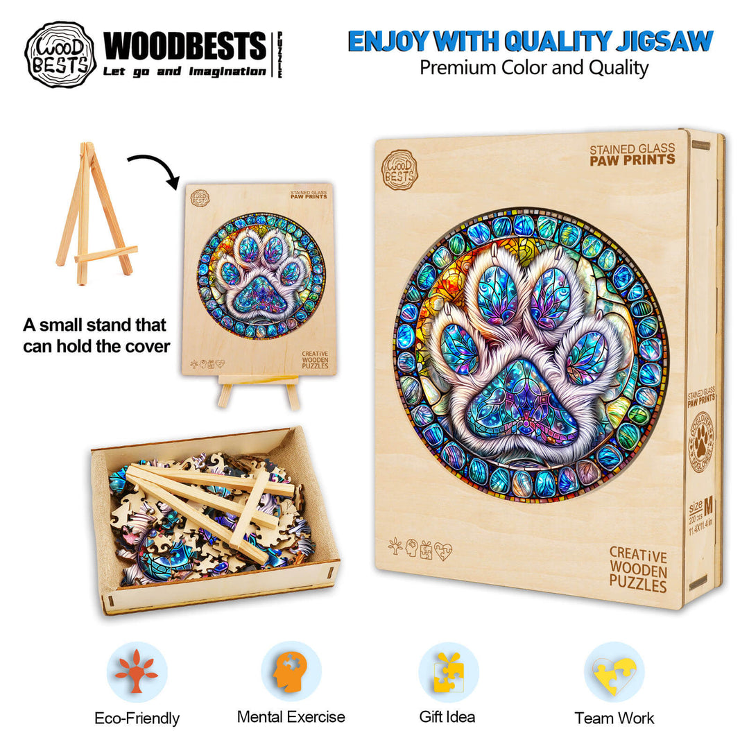 Stained glass paw prints wooden jigsaw puzzle with pieces and stand, promoting focus and mental exercise.