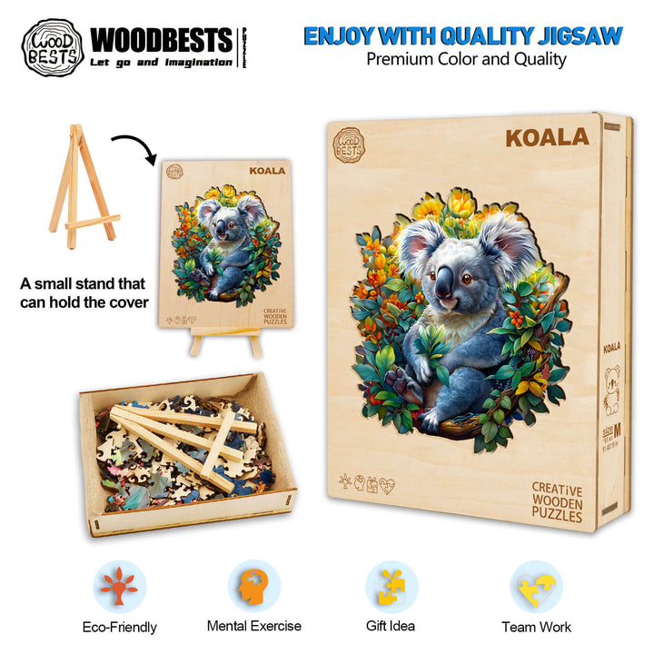 Koala wooden jigsaw puzzle set with box and stand, promoting mental exercise and eco-friendly fun for all ages.
