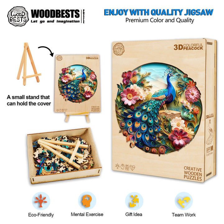 3D Colorful Peacock Wooden Jigsaw Puzzle with vibrant pieces, stand, and eco-friendly design for mental exercise and teamwork.