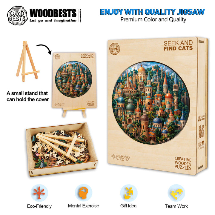 SEEK AND FIND CATS wooden jigsaw puzzle showcasing colorful design, eco-friendly materials for mental exercise and fun.