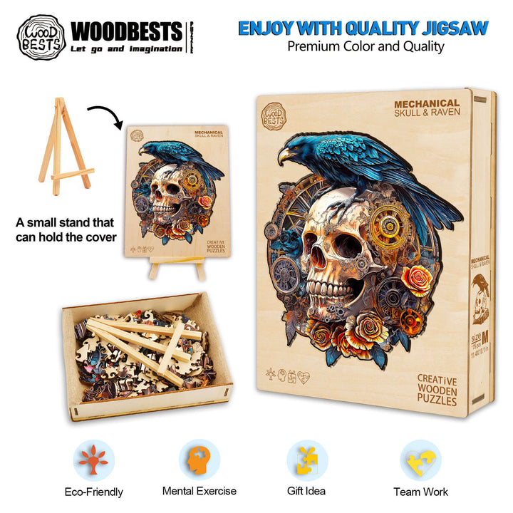 3D Mechanical Skull & Raven wooden jigsaw puzzle packaging with eco-friendly details and colorful design.