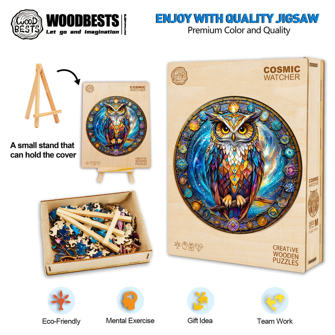 Cosmic Watcher wooden jigsaw puzzle with vibrant owl design, stand, and eco-friendly pieces for mental exercise and teamwork.