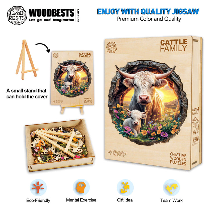 Cattle Family wooden jigsaw puzzle by Woodbests, eco-friendly, great for mental exercise, teamwork, and a perfect gift idea.