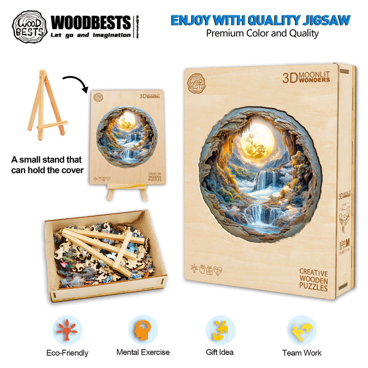 3D Moonlit Wonders wooden jigsaw puzzle displayed with pieces and stand, promoting eco-friendly fun and mental exercise.
