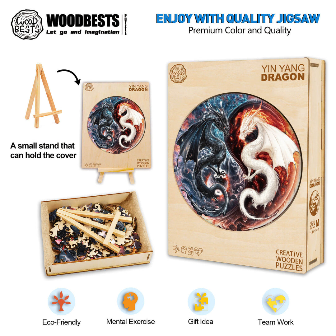 Yin Yang Dragon Wooden Jigsaw Puzzle with vibrant colors, eco-friendly materials, promoting mental exercise and teamwork.