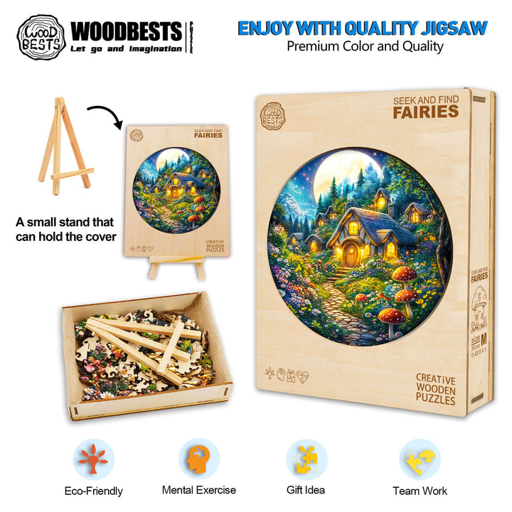 SEEK AND FIND FAIRIES wooden jigsaw puzzle box with colorful fairy scene, pieces and stand for mind and teamwork exercises.