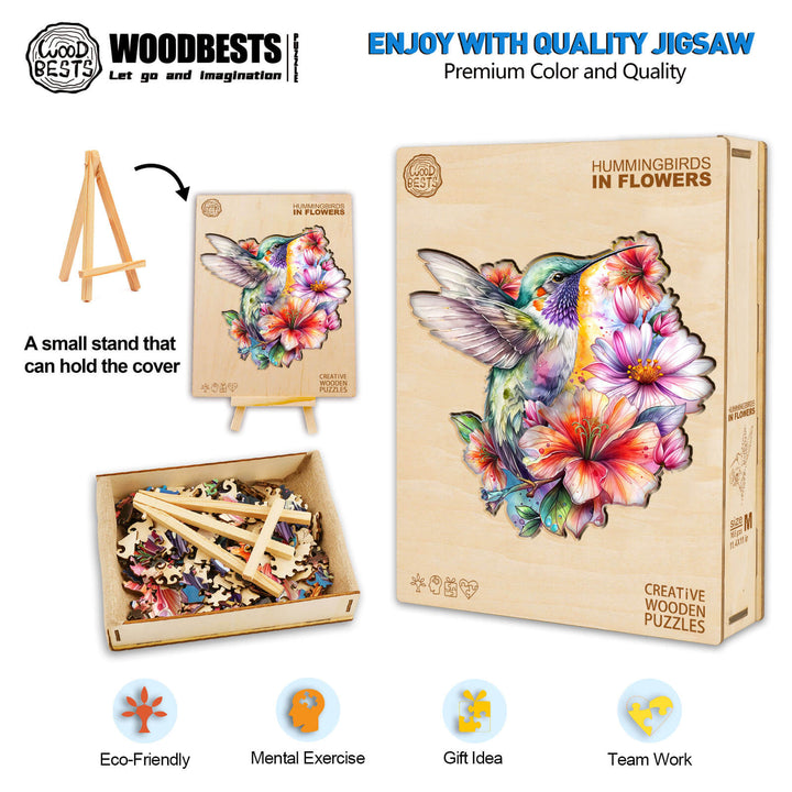 Hummingbirds in Flowers wooden jigsaw puzzle, eco-friendly and designed for mental exercise, featuring vibrant colors.