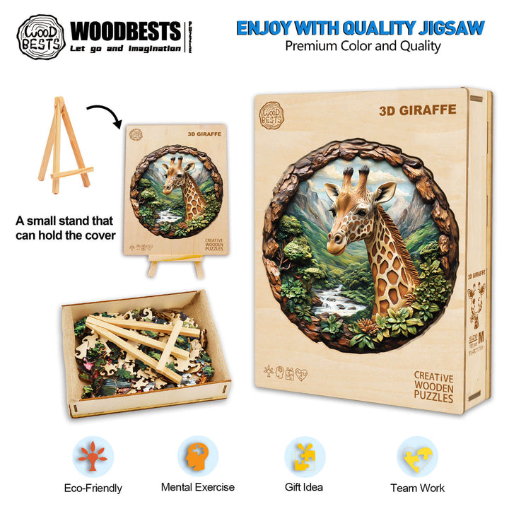 3D Giraffe Wooden Jigsaw Puzzle with eco-friendly design, box cover, and pieces for mental exercise and teamwork.