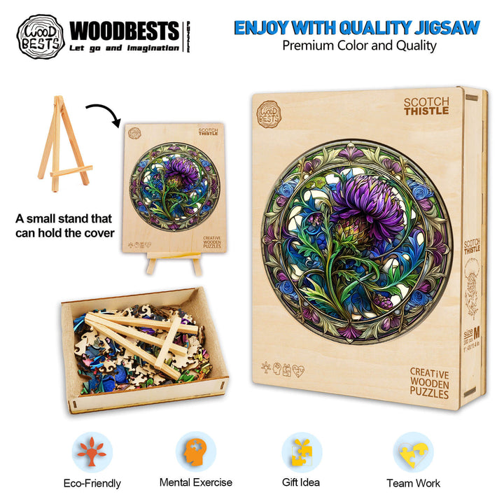 Scotch Thistle Wooden Jigsaw Puzzle showcasing premium quality, eco-friendly materials and ideal for mental exercise and teamwork.
