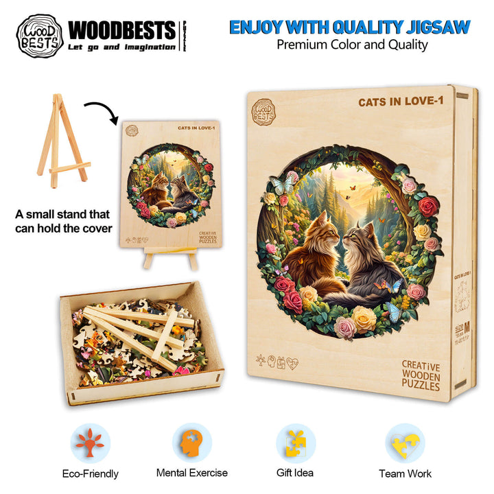 Cats in Love-1 wooden jigsaw puzzle with eco-friendly pieces and a stand, promoting mental exercise and teamwork.