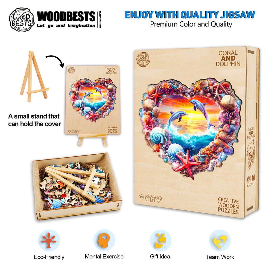 Coral and Dolphin wooden jigsaw puzzle for mental exercise, eco-friendly fun, and creative teamwork activities.
