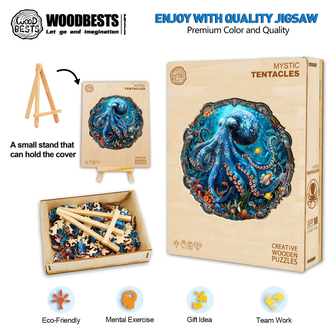 Mystic Tentacles wooden jigsaw puzzle with vibrant octopus design, perfect for mental exercise and eco-friendly entertainment.