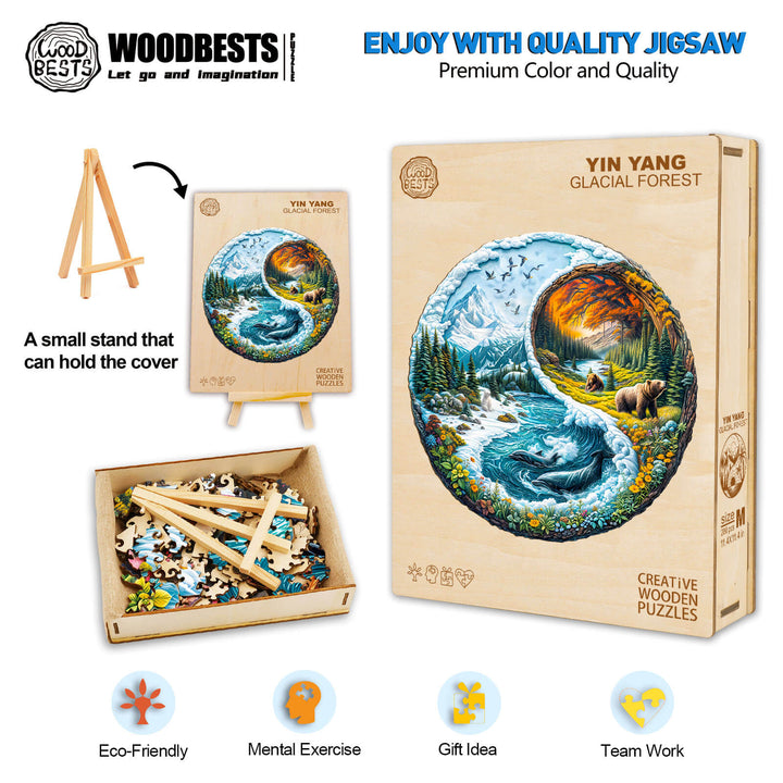 Yin Yang glacial forest wooden jigsaw puzzle with vibrant colors, perfect for mental exercise and eco-friendly fun.