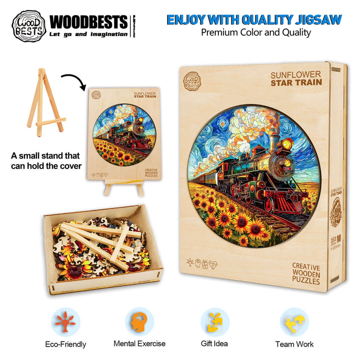 Sunflower Star Train wooden jigsaw puzzle with eco-friendly features for mental exercise and teamwork.