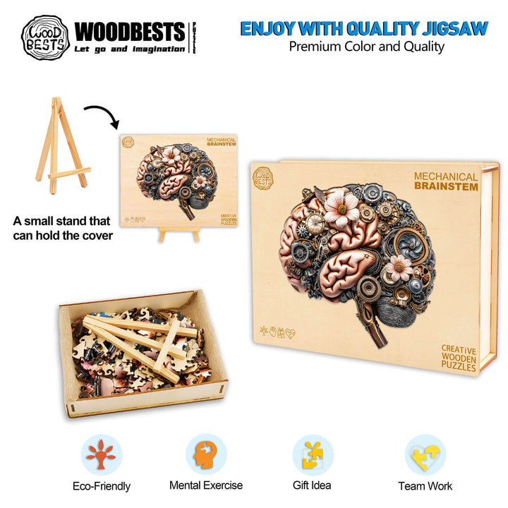 3D Mechanical Brainstem Wooden Jigsaw Puzzle with pieces, box, and stand for eco-friendly mental exercise and creativity.