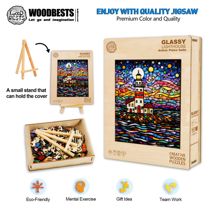 Glassy Lighthouse jigsaw puzzle by artist Pietro Gallo, showcasing vibrant colors and a creative design for art lovers.