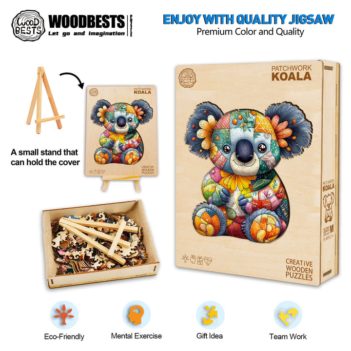 Patchwork Koala wooden jigsaw puzzle, promoting mental exercise and teamwork, with colorful pieces and eco-friendly materials.
