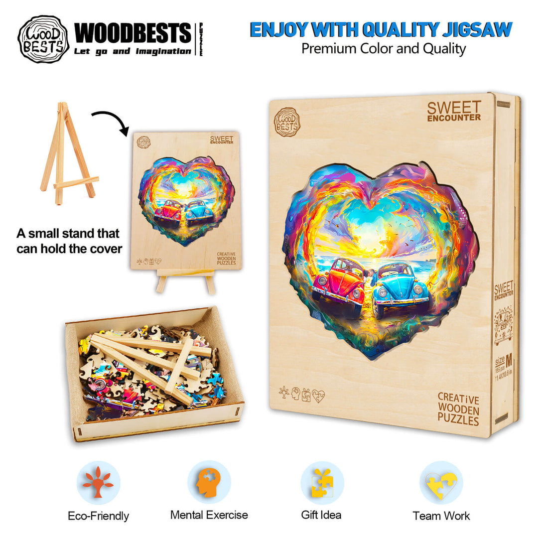 Sweet Encounter Wooden Jigsaw Puzzle featuring colorful design and eco-friendly materials for mental exercise and teamwork.