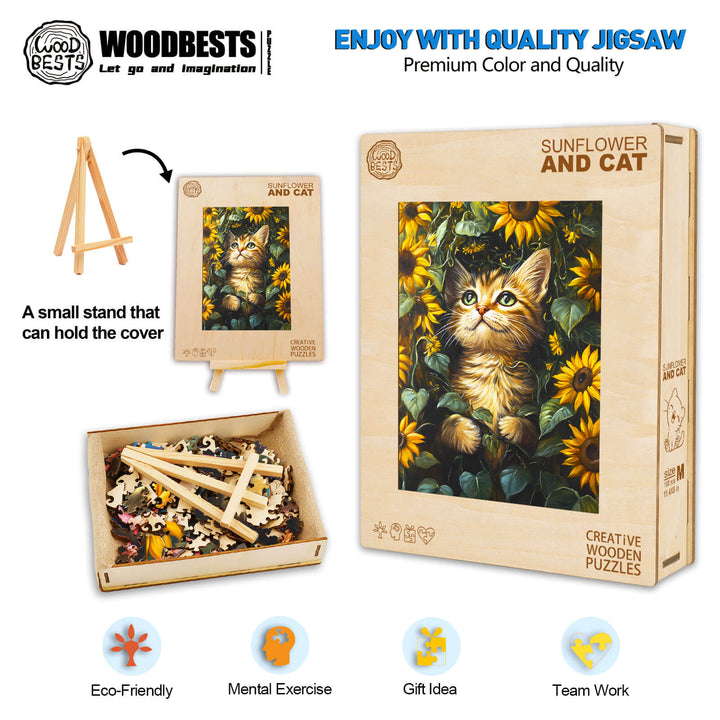 Sunflower and Cat Wooden Jigsaw Puzzle displayed in a box, showcasing pieces for an eco-friendly mental exercise.
