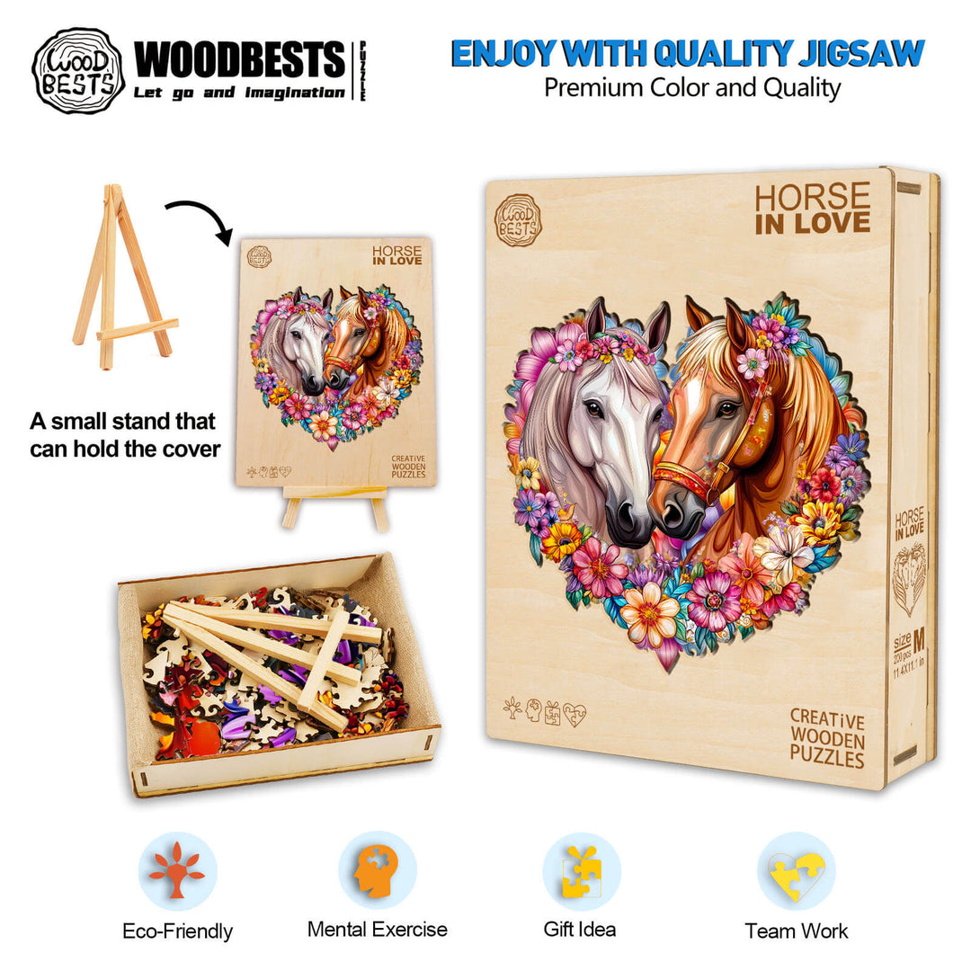 Horse in Love wooden jigsaw puzzle box and pieces, eco-friendly gift idea for mental exercise and teamwork.