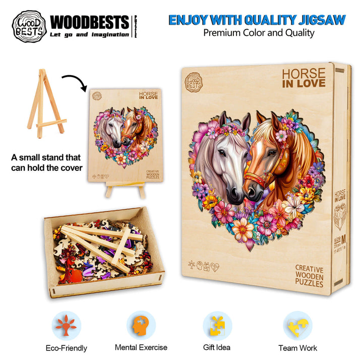 Horse in Love wooden jigsaw puzzle box and pieces, eco-friendly gift idea for mental exercise and teamwork.