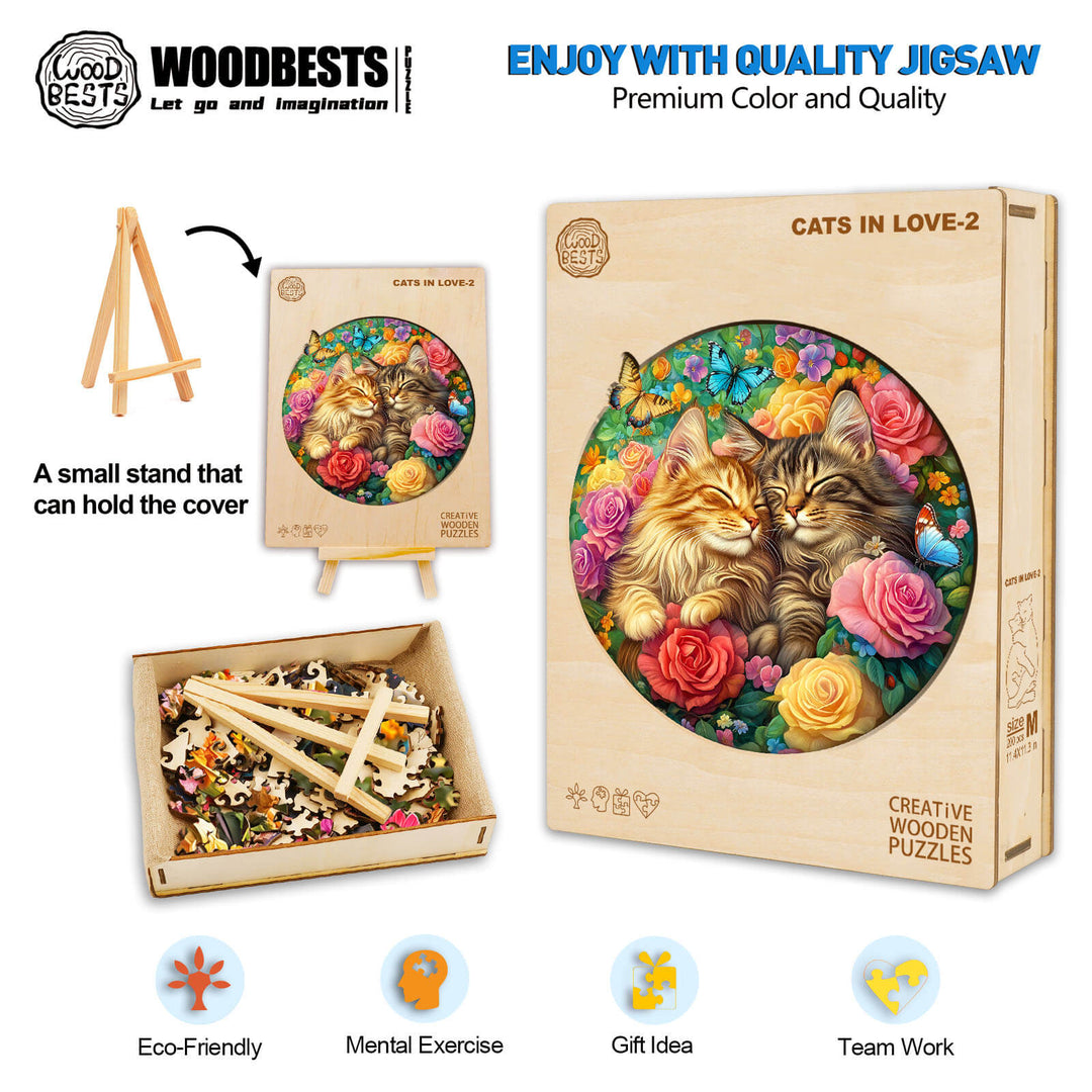 Cats in Love-2 wooden jigsaw puzzle, featuring colorful cats and flowers, perfect for mental exercise and team activities.