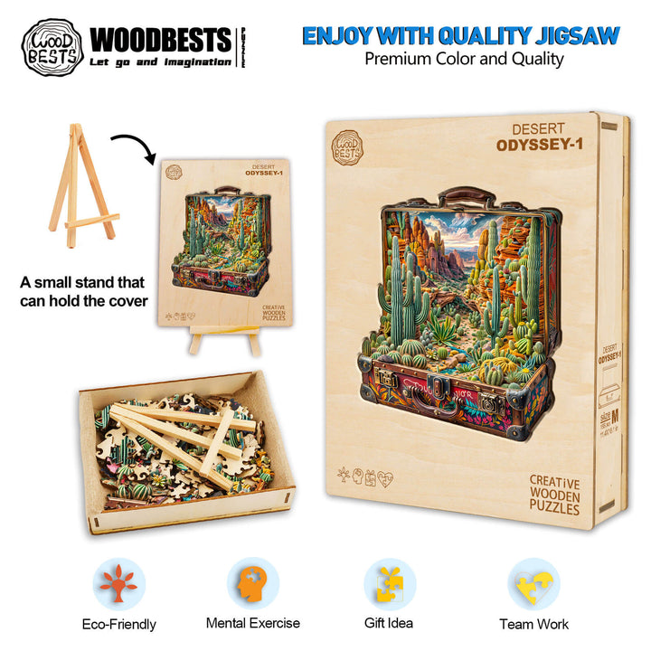 Desert Odyssey-1 Wooden Jigsaw Puzzle box with stand and colorful desert landscape design, ideal for nature lovers.