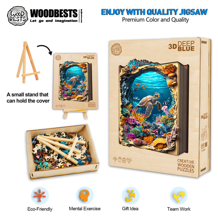 3D Deep Blue wooden jigsaw puzzle set with vibrant colors, eco-friendly materials, and designed for mental exercise and teamwork.