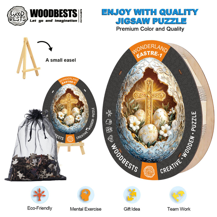 Wonderland Easter-1 wooden jigsaw puzzle with easel, eco-friendly materials, and mental exercise benefits.